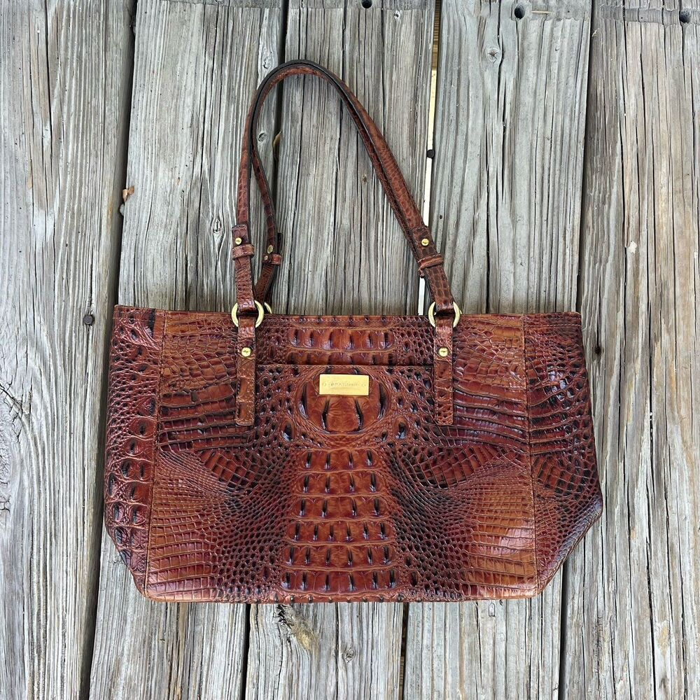 Brahmin Asher Melbourne Classic Croc Pecan Brown Shoulder Tote Handbag Leather